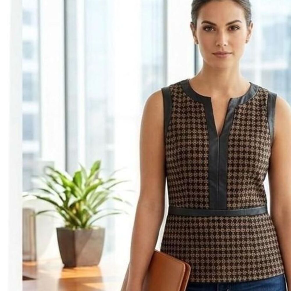 XS Houndstooth Peplum Top leather piping business chic Academia Corporate